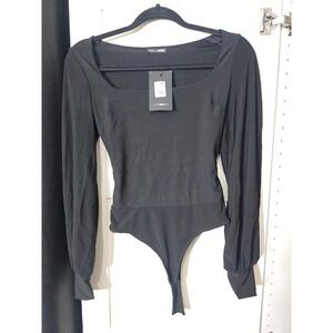 NWT Fashion Nova Bodysuit Long Sleeve Thong‎ Back Black Top Blouse Size S